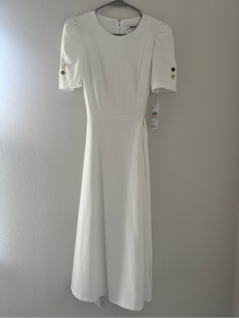 DKNY White Midi Dress with Puff Sleeves and Gold Buttons